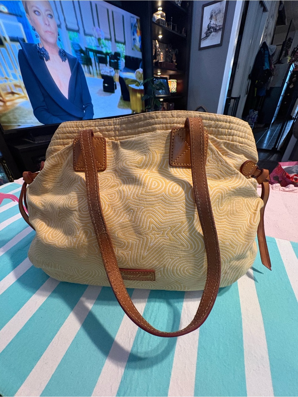 Dooney and Bourke Yellow Doodle Swirl Canvas Tote with Brown Leather Straps